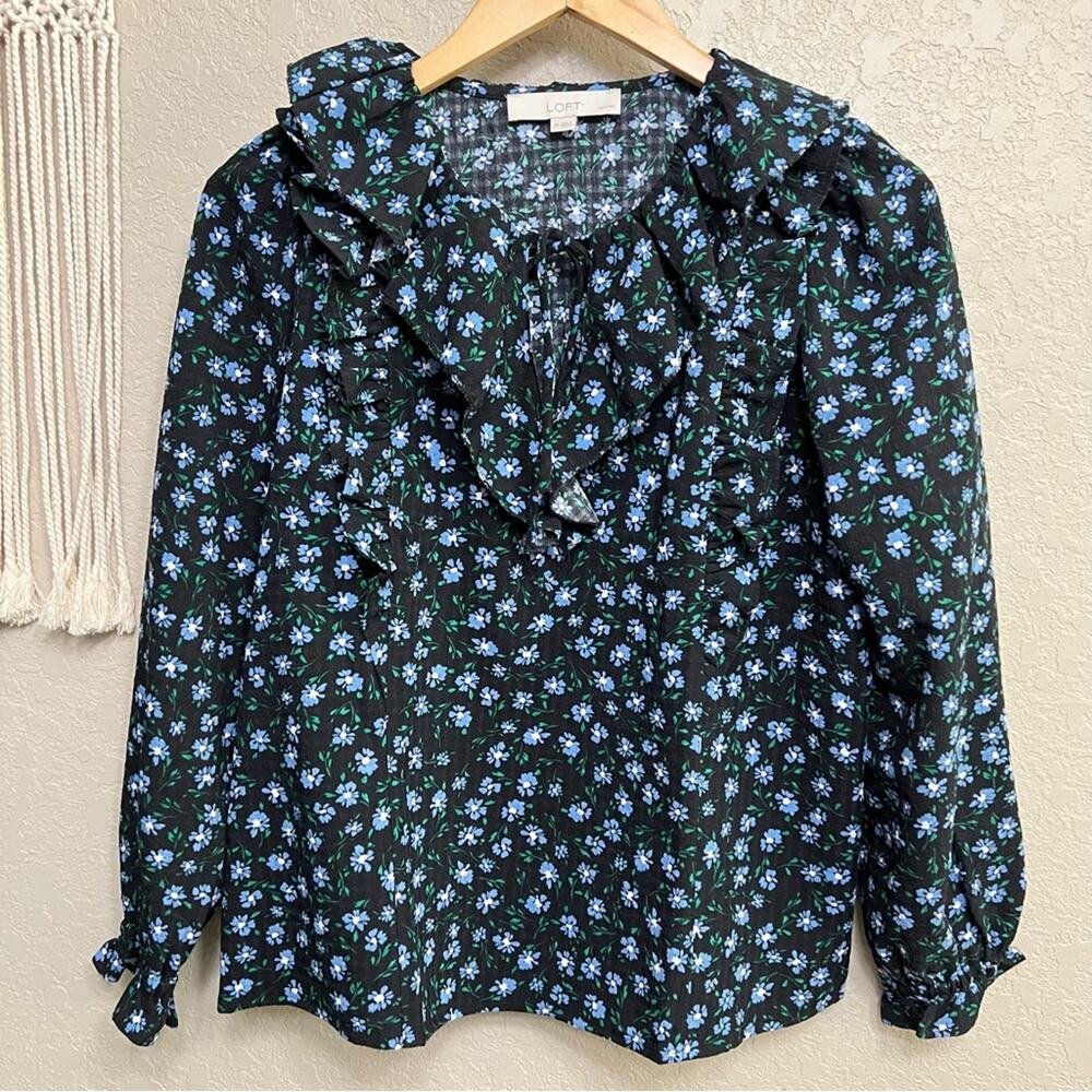 Loft Petite women sz S Floral Ruffle Tie Neck Blouse